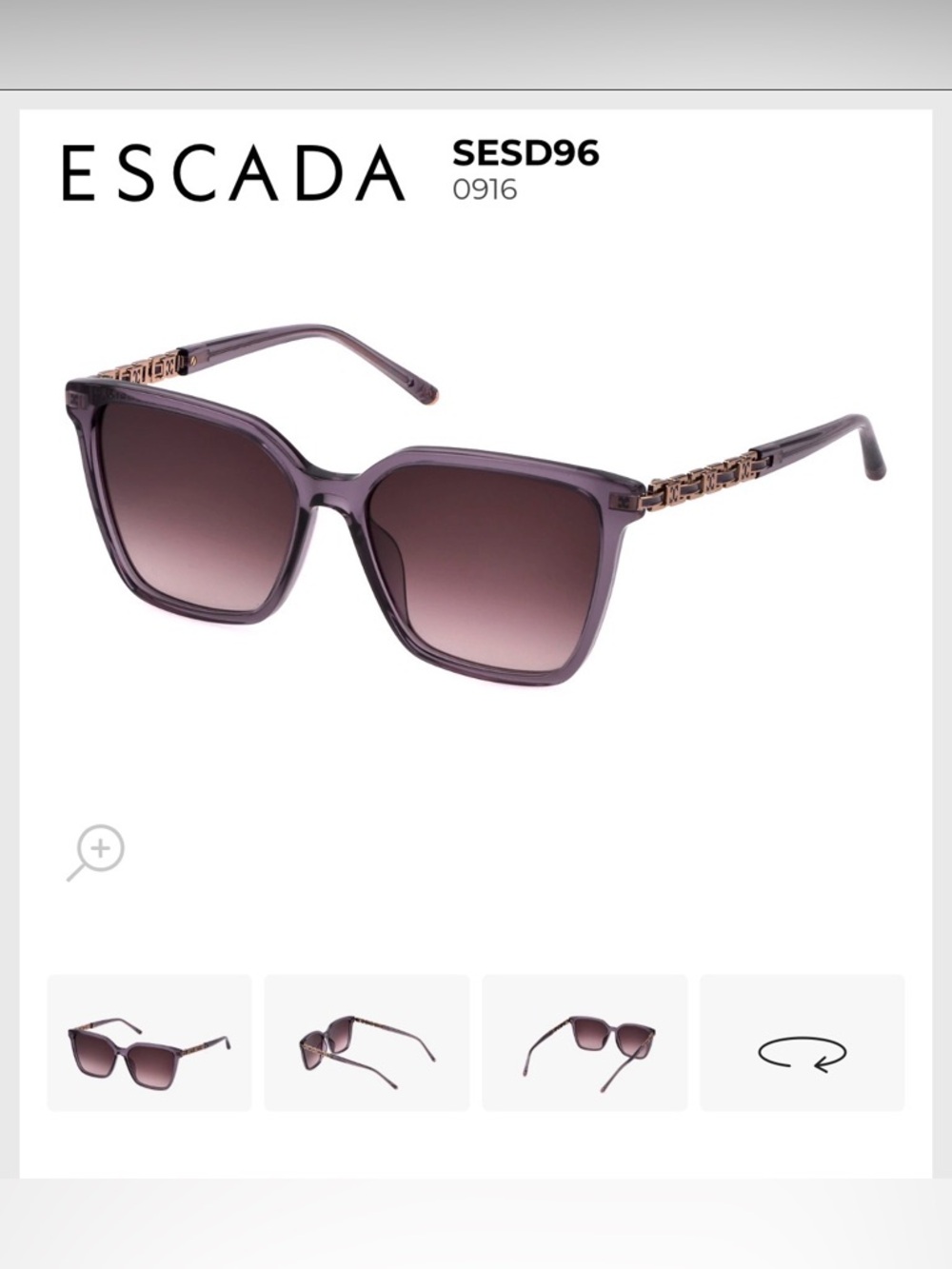 Escada Violet Gradient Square Frame Sunglasses with Gold Temples German Designer